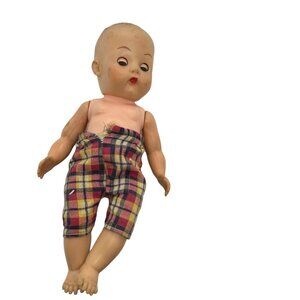 Vintage 13" Baby Doll With Plaid Overalls